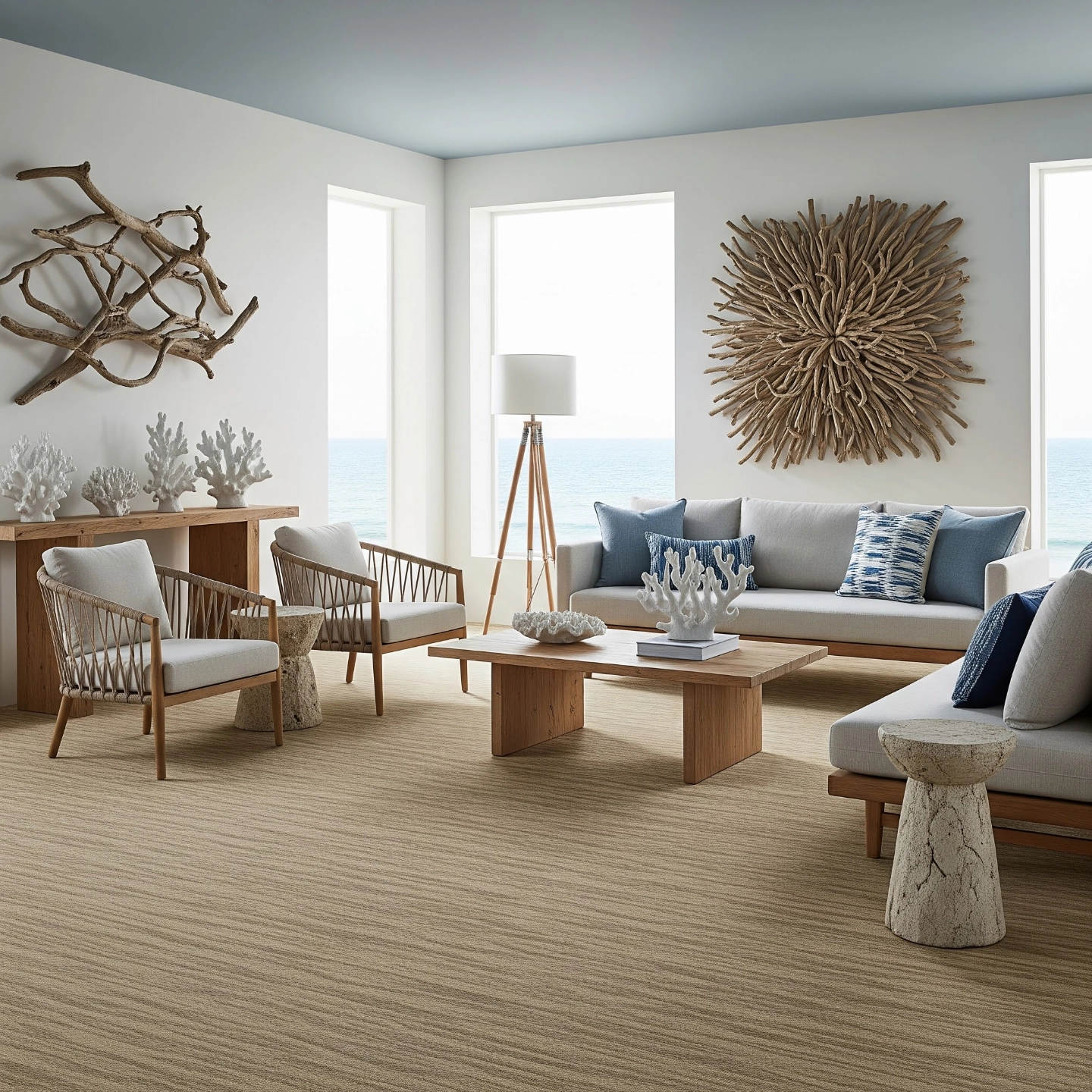 Coastal style living room with patterned carpet