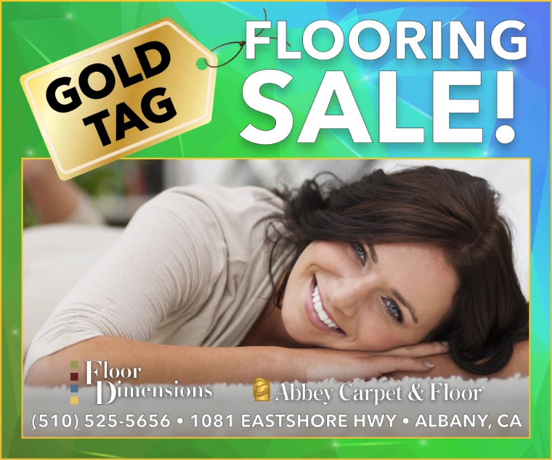 Gold Tag Flooring Sale flyer for Floor Dimensions and Abbey Carpet & Floor, featuring a woman smiling on white carpet and location details for Albany, CA.