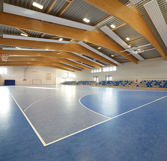 Large indoor gymnasium with blue synthetic court flooring, arched timber ceiling beams, and spectator seating.