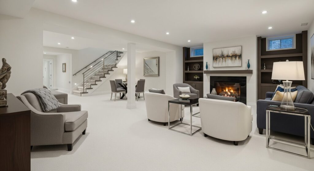 A large, open-concept basement living area with various seating, a fireplace, and a dining table.