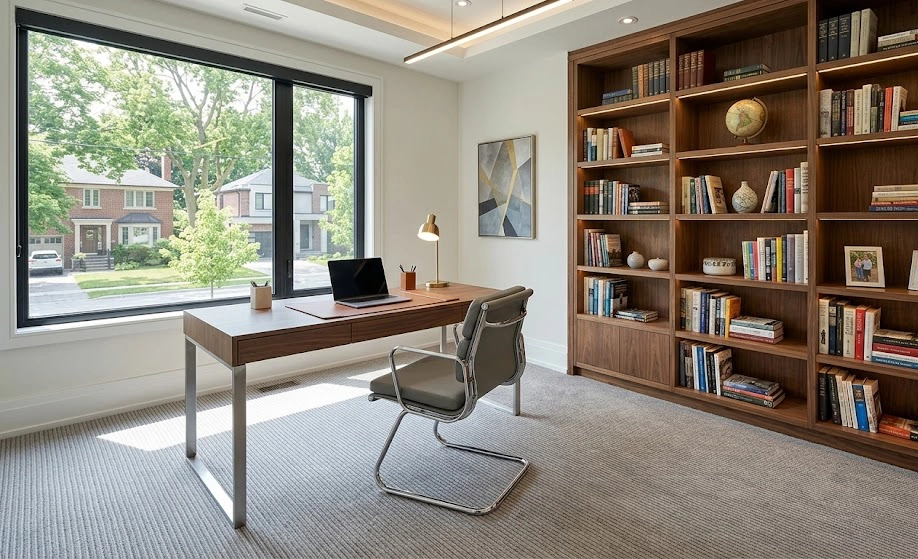 Modern home office with desk, chair, and large window looking onto a suburban street.