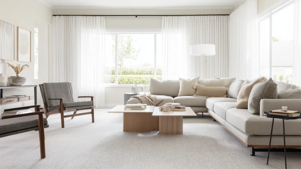 Bright living room with a large modular sectional sofa, accent chairs, and light grey carpet.