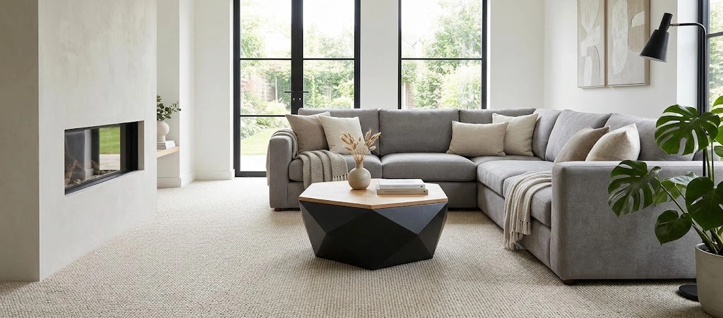 A textured beige loop-pile carpet in a modern, sunlit living room with a grey sectional sofa, a geometric coffee table, and a built-in fireplace.
