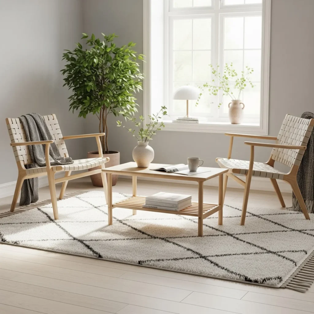 Minimalist sitting room with woven wood armchairs, a low wooden coffee table, and a plush geometric rug.