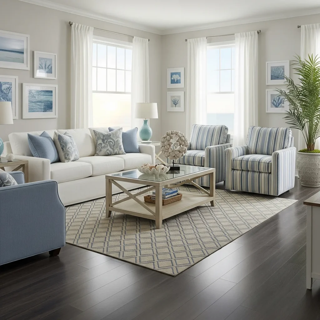Coastal living room featuring dark laminate flooring, blue and white seating, and a patterned area rug.