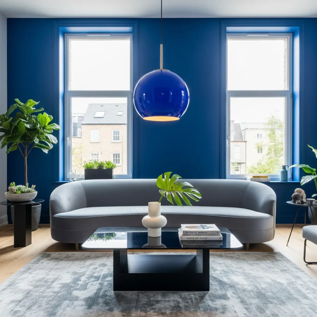 Bold living room with bright blue walls, a curved grey sofa, a blue pendant light, and a patterned rug.