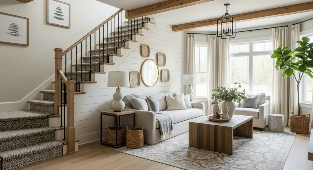 Neutral living room featuring a patterned carpet stair runner, wooden coffee table, and cream sofa.