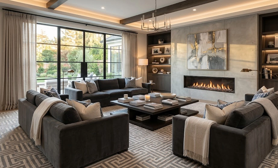 A luxurious modern living room, featuring grey velvet sofas, a linear fireplace, abstract art, and large glass doors leading to a garden.